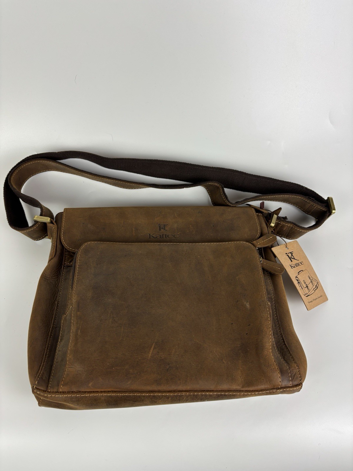 Kattee Leather Satchel Messenger Style Bag Unisex Brown Purse Pockets Crossbody