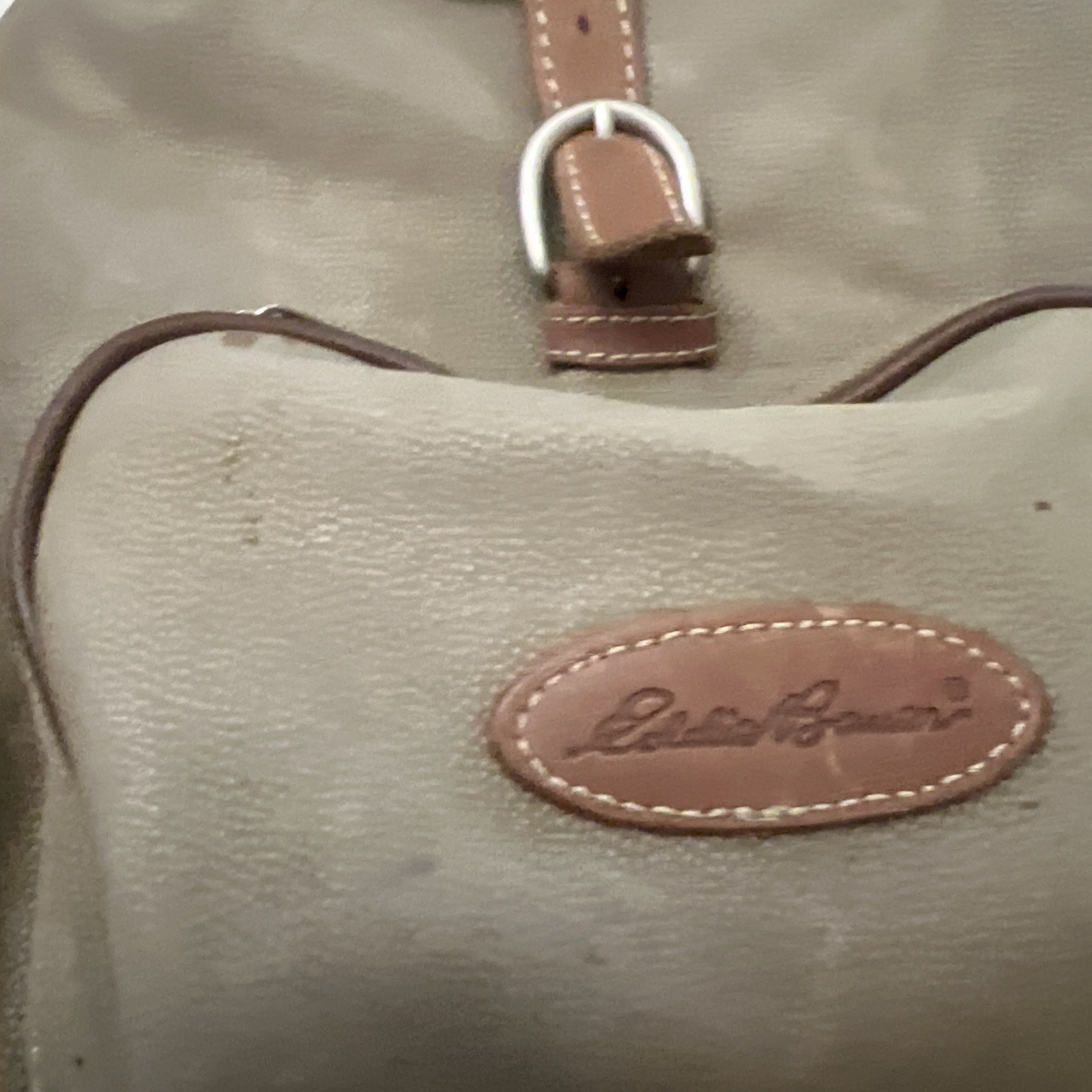 Classic Eddie Bauer vtg Leather Backpack Brown Tan Green Rucksack