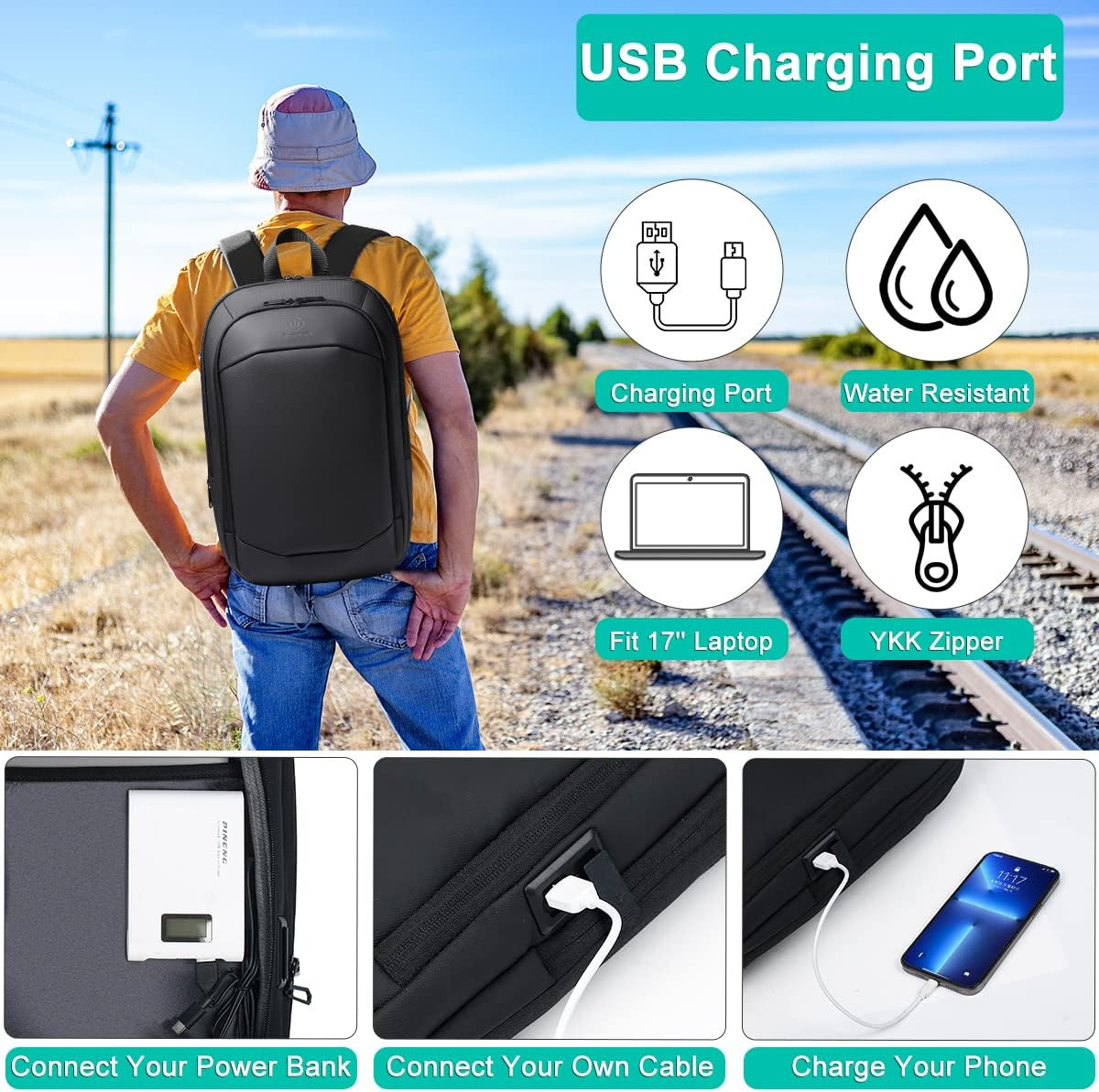 Mochila de negocios para hombre de 17 pulgadas, delgada y expandible