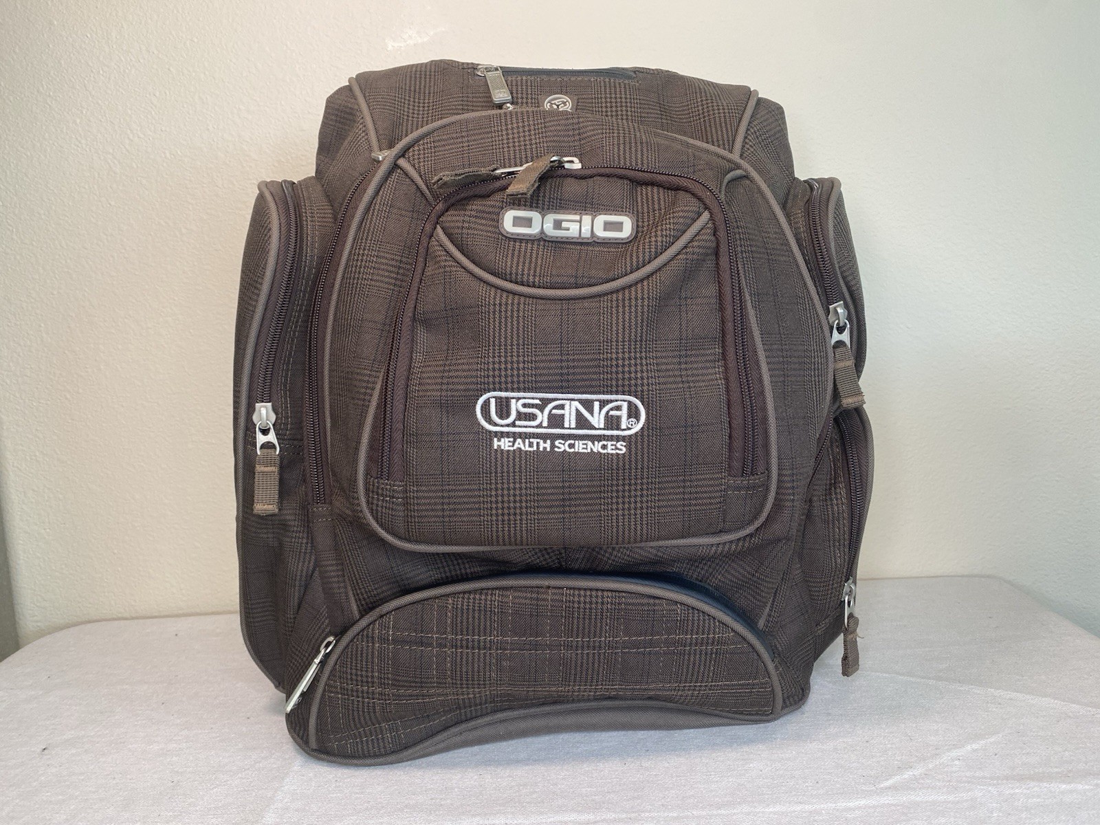 Ogio Metro Street Tech Specs Backpack Brown Pin Stripe Laptop Bag Usana Logo