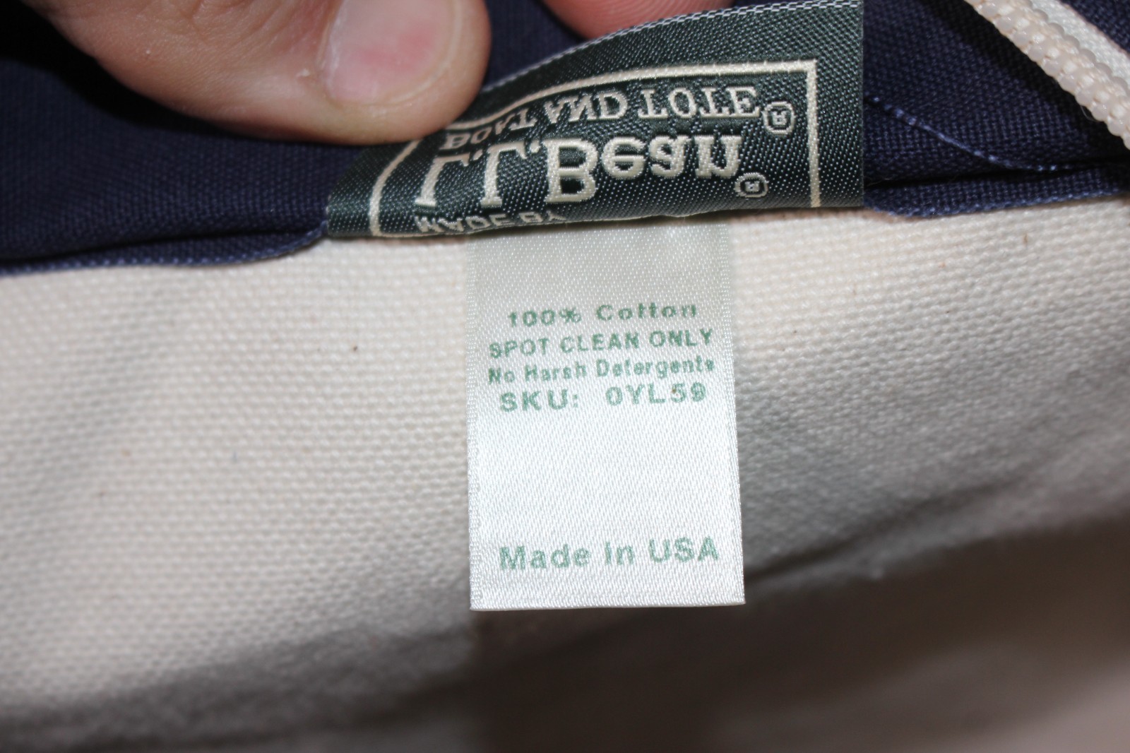 LL Bean Boat & Tote Bag Blue/Ivory Zip Top Made in USA Embroidered Logo 17″