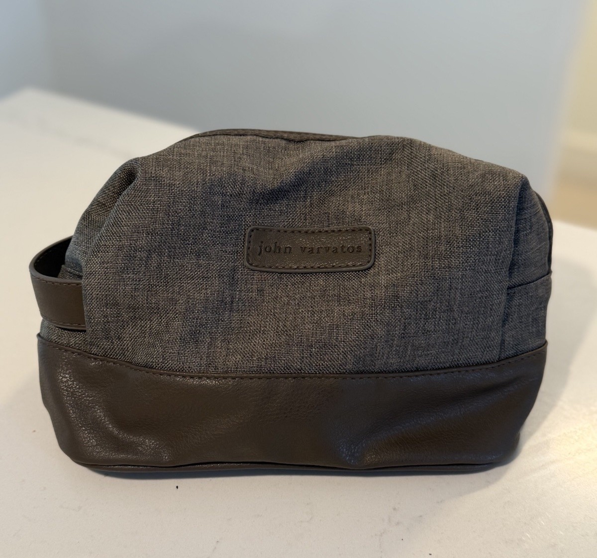 John Varvatos Toiletry Bag Dopp Kit Gray Fabric Brown Leather Travel Case