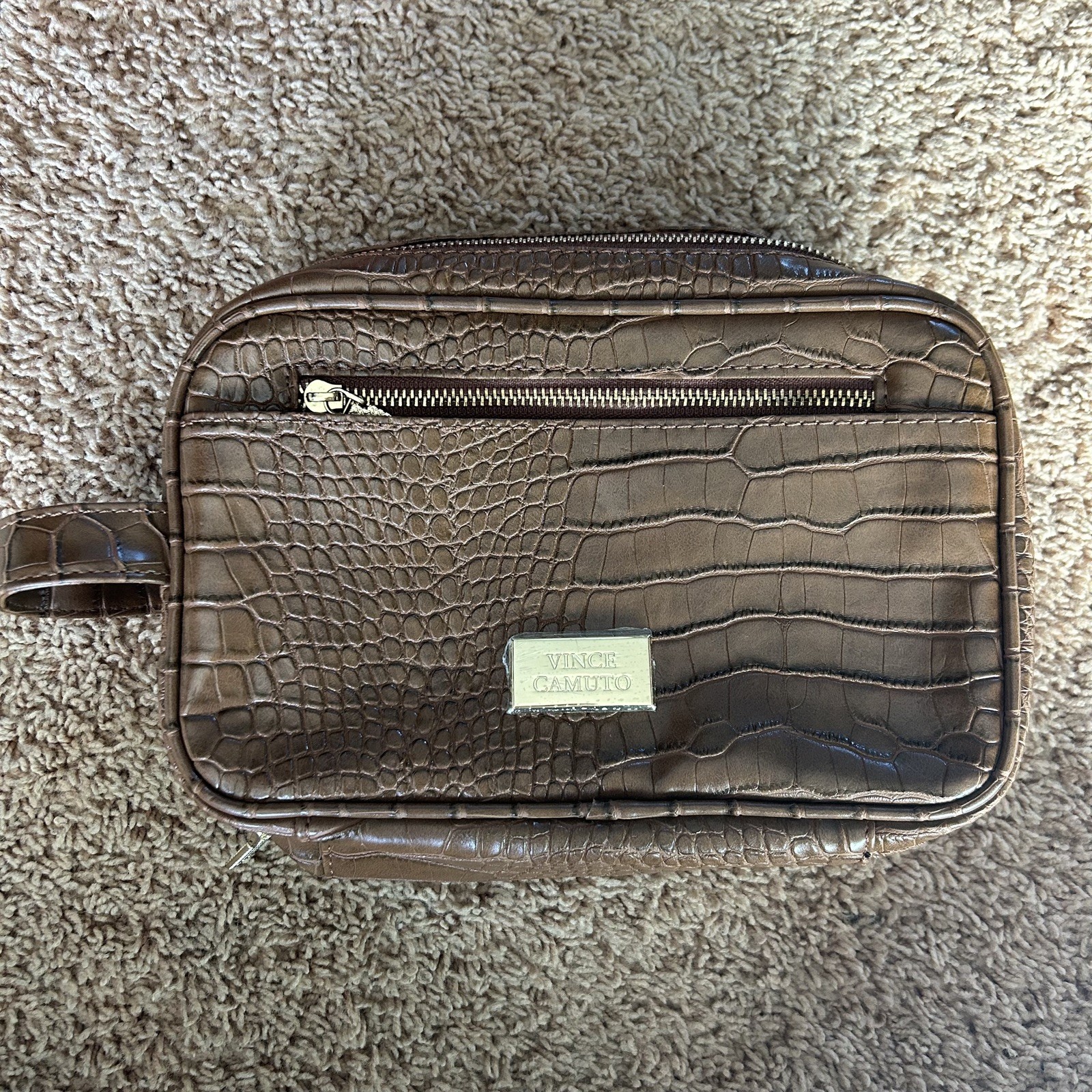 Vince Camuto Brown Crocodile Embossed Zip Around Toiletry Bag w Handle