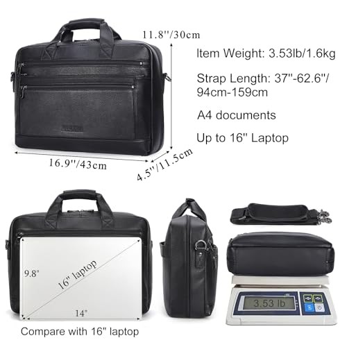 Men’s Leather Briefcase for 16″ Laptop Waterproof Crossbody Shoulder