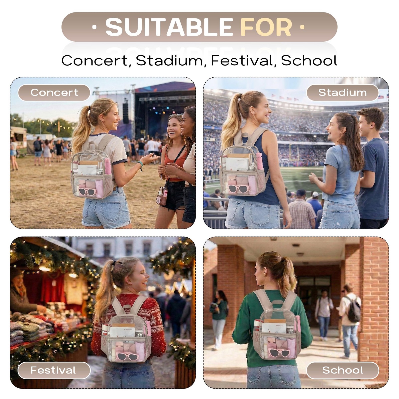 Clear Backpack 12x6x11 in Waterproof PVC – Stadium Approved for Concerts, Sports