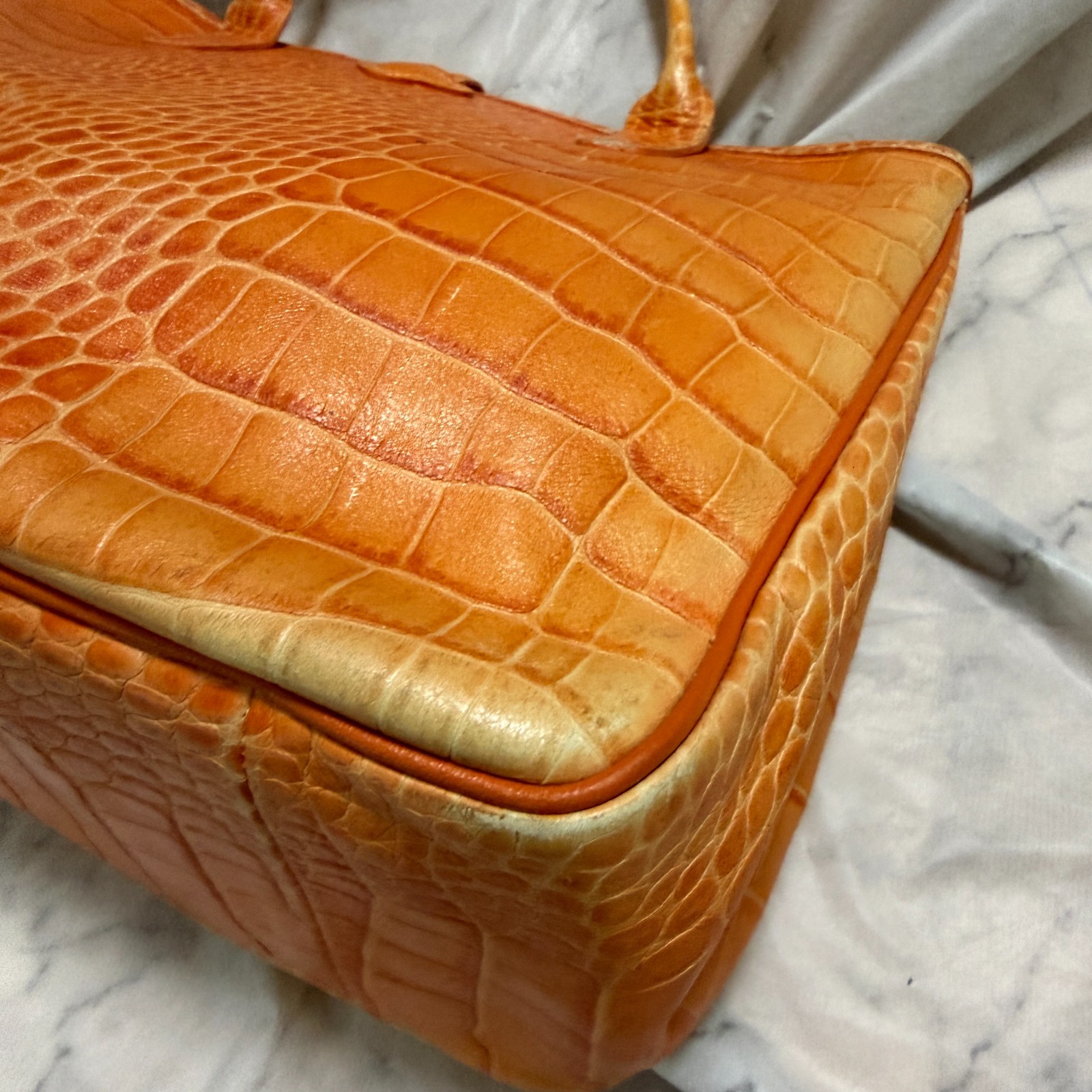 LONGCHAMP Leather Croco Croc Embossed Handbag Roseau Tote Bag orange Width: 33cm