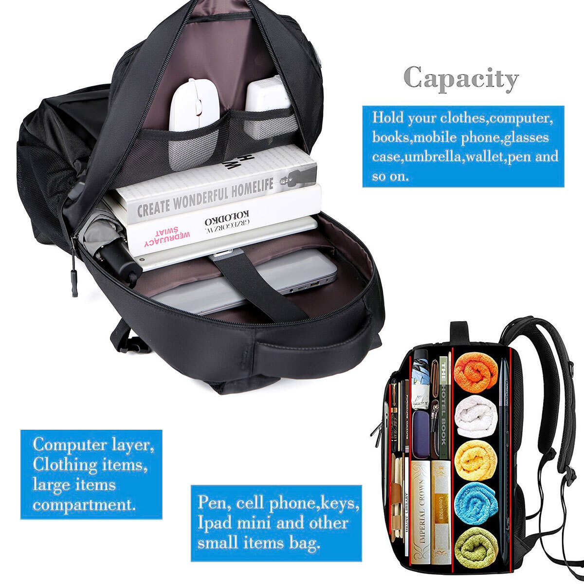 Men Laptop Backpack School Travel Computer Bookbag with USB Charging Port Black