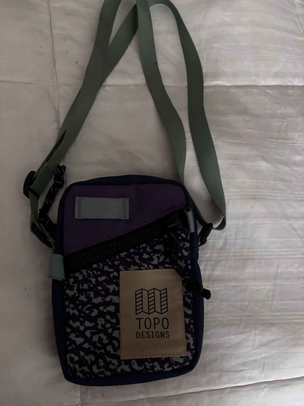 Topo Designs Small Camo Crossbody Bag Blue Purple Green Zip Adjustable Strap