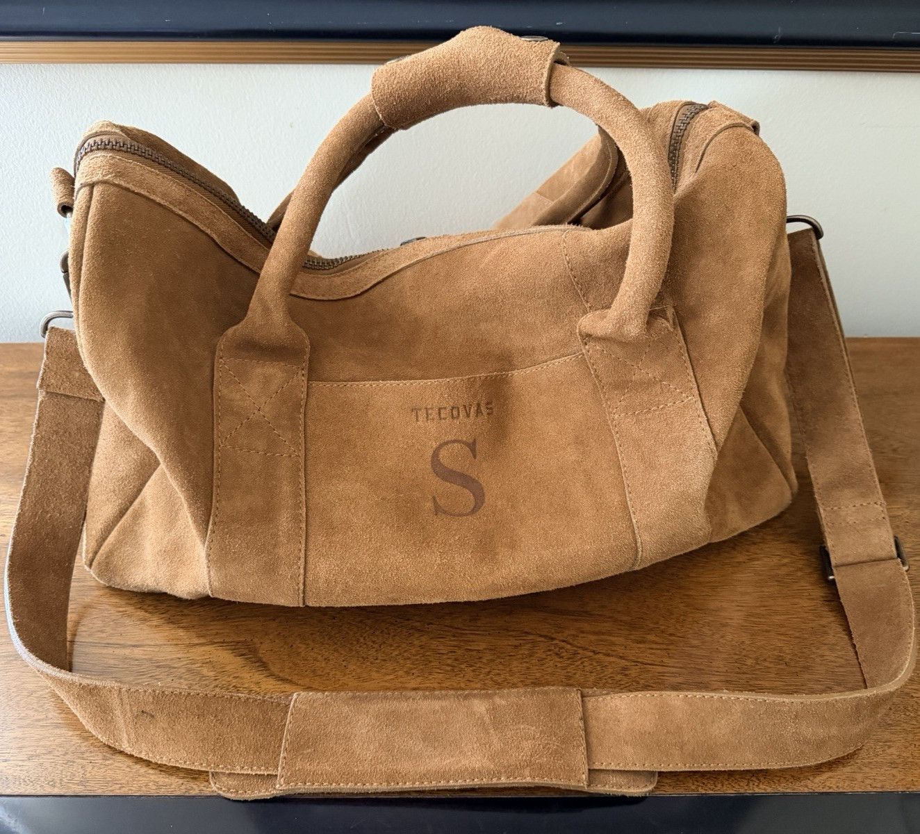 TECOVAS Brown Cognac Suede Leather Medium Duffle Bag Weekender Travel Mono S