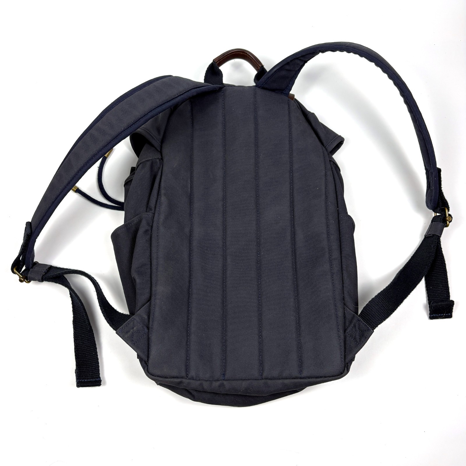 Lands End Waxed Canvas Backpack Navy Blue Leather Straps Padded Outdoors Daypack