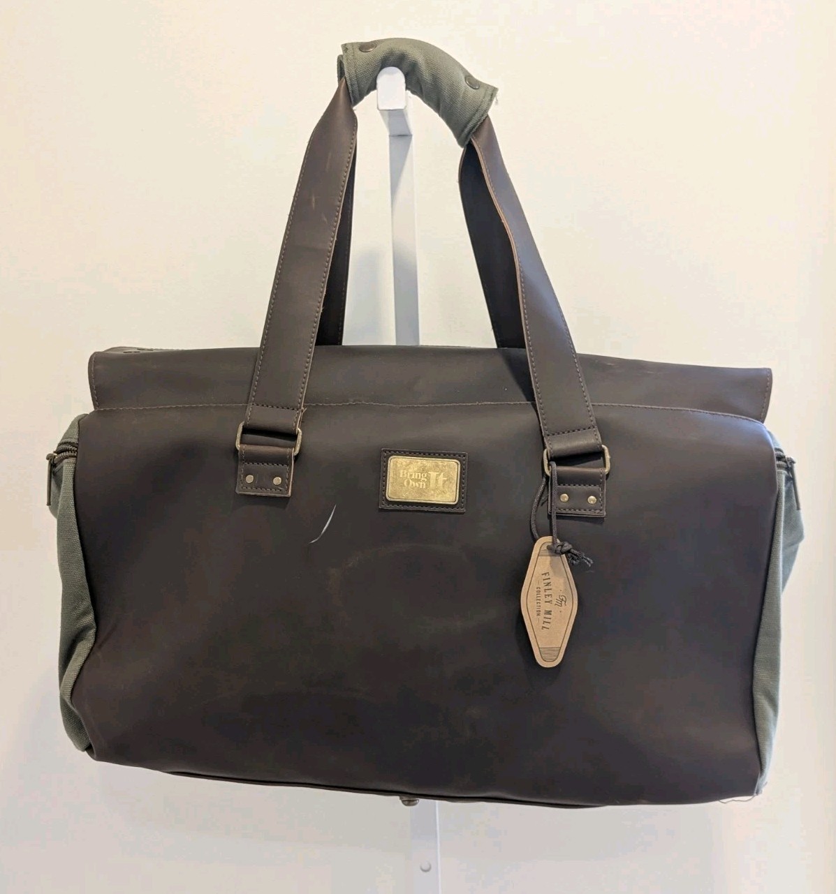 Finley Mill 20 Inch 35L Danville Duffel Bag Vegan Leather Canvas Brown Green NEW