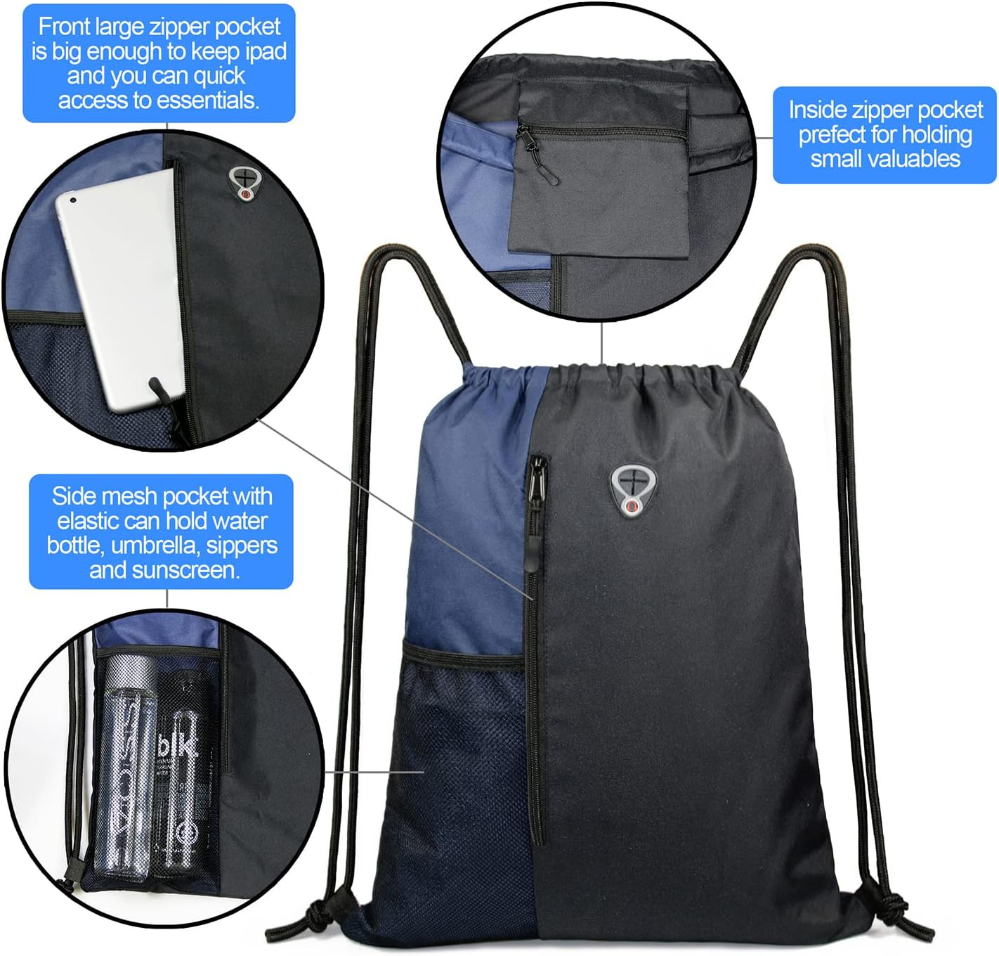 Drawstring Backpack Gym Bag with Pockets Water Bottle Mesh Black Navy