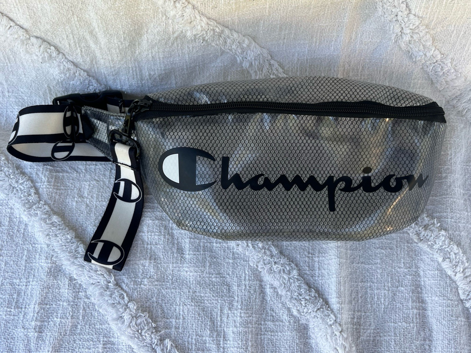 Champion Waist Belt Crossbody Bag Fanny Pack Sling Script Logo Clear Black White