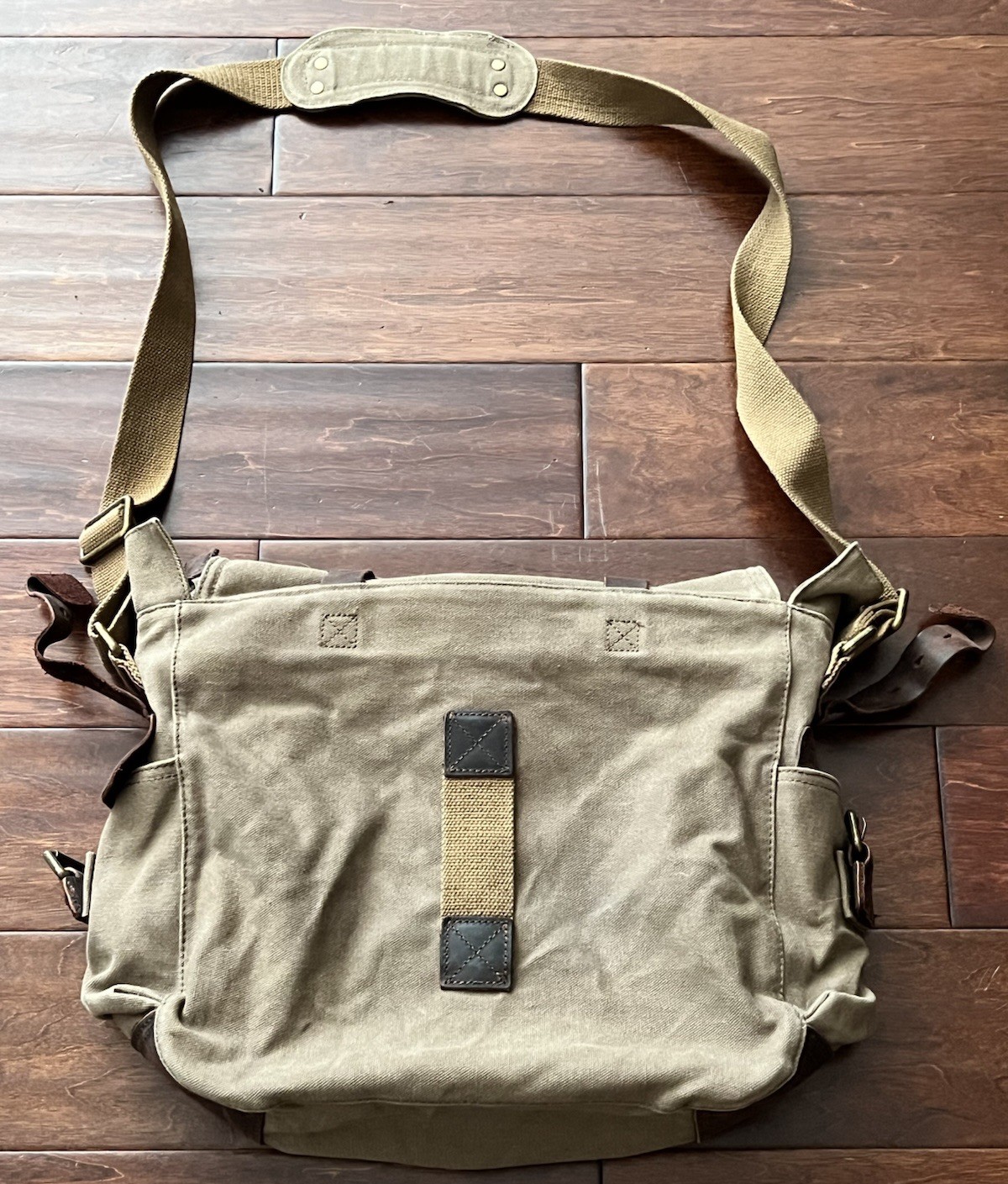 S-ZONE Brown Leather Canvas Zip Button Multi Pocket Shoulder Strap Messenger Bag