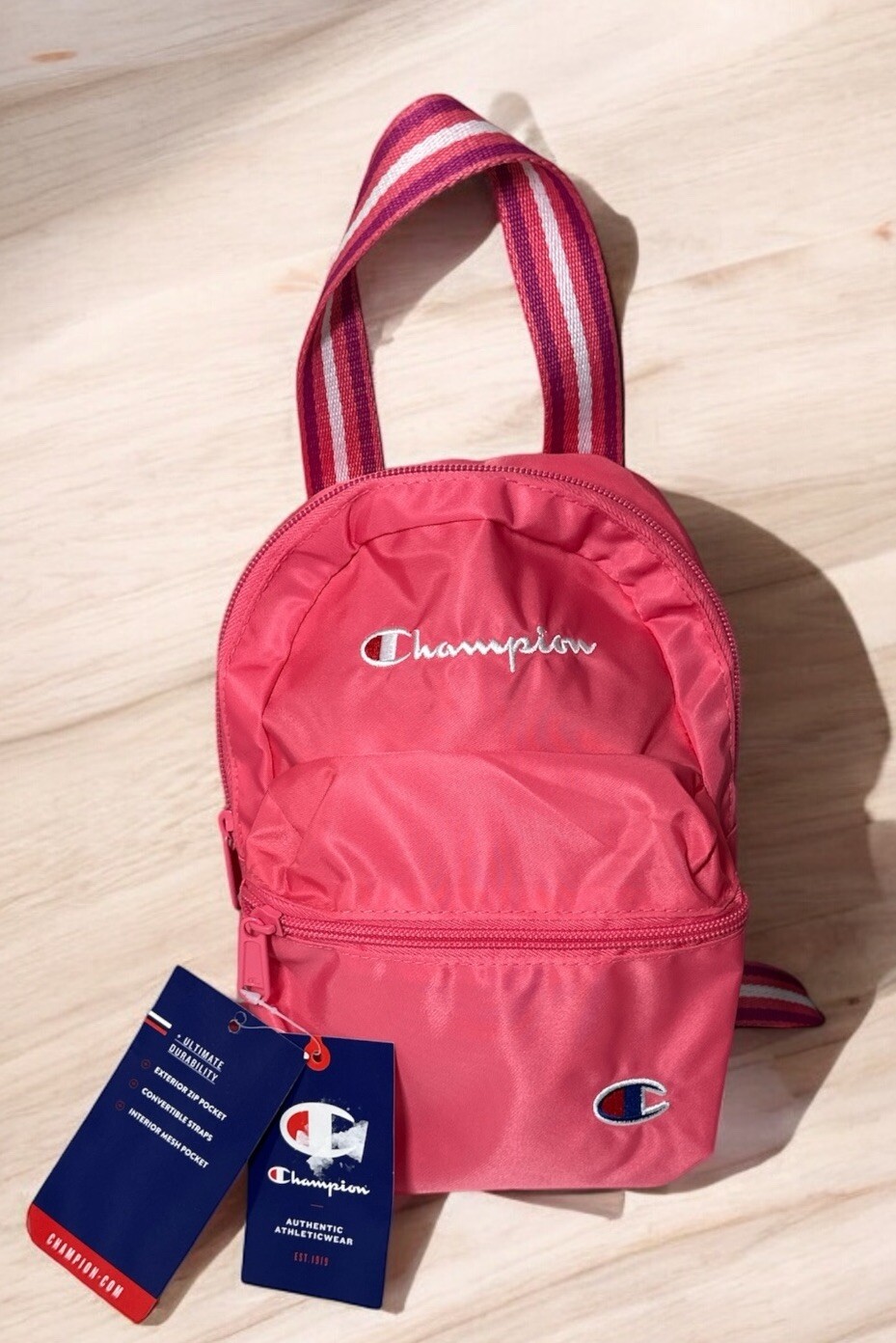 Champion Mini Backpack Pink White Zipper Pockets Adjustable Straps Logo