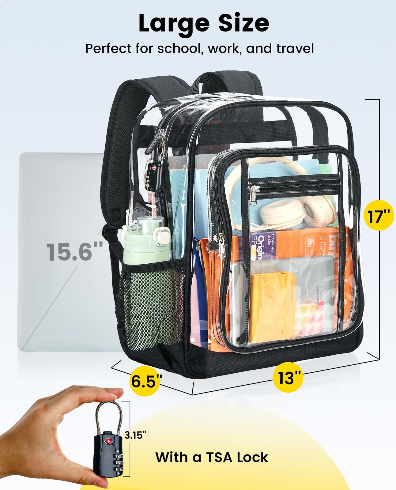 Clear Backpack Heavy Duty – Extra Large Clear Backpacks with TSA Lock Transpa…