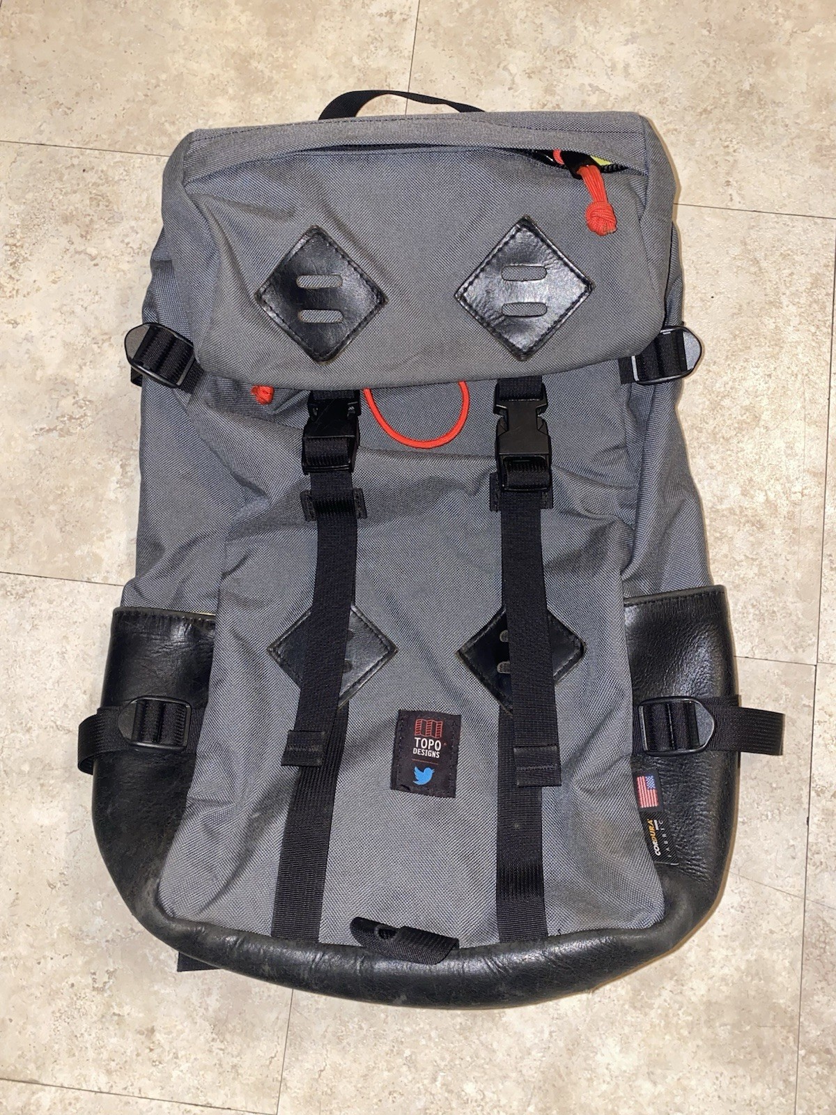 Topo Designs Backpack Klettersack Bag Nylon Leather Gray Black Twitter 25L RARE!