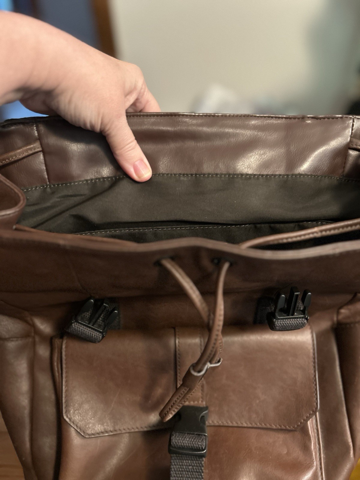 Fossil Brown Backpack Drawstring Flap Buckle Top Handle Outer Pockets Laptop