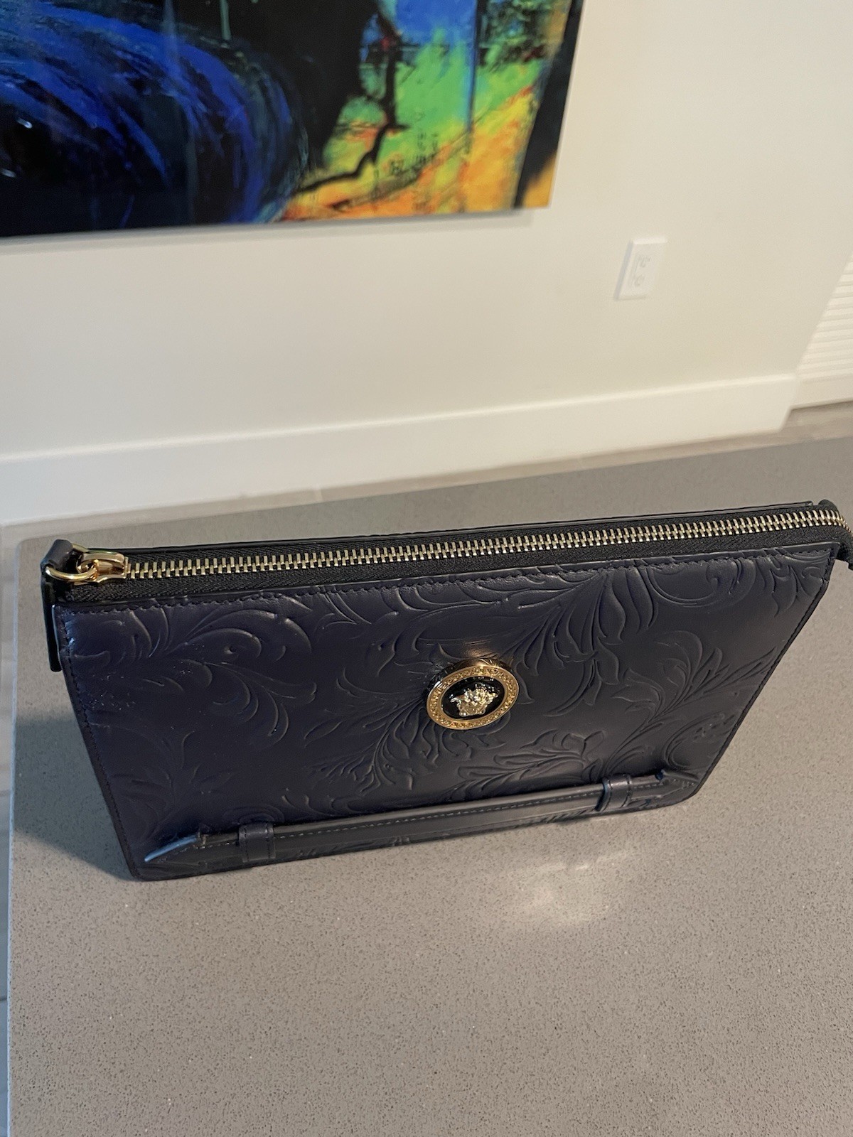 Versace Pouch Embrossing Calf Leather Navy Blue $900 Retail