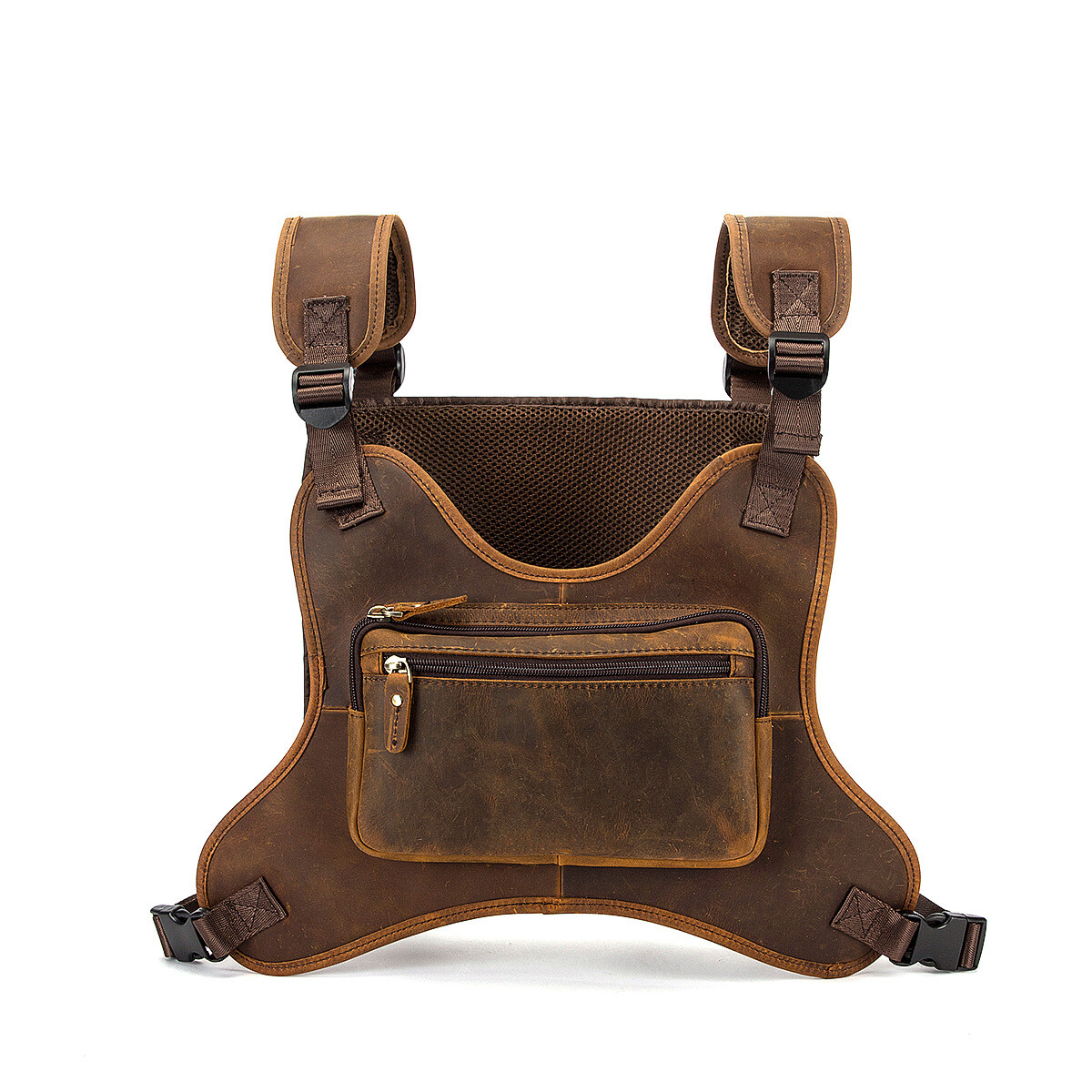 Men Vintage Real Leather Two Straps Chest Rig Bags Rectangle Streetwear Hip-Hop