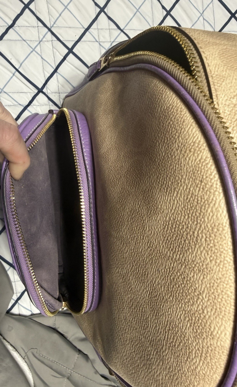 Coach Logo Backpack Purple Beige Zip Closure Adjustable Strap