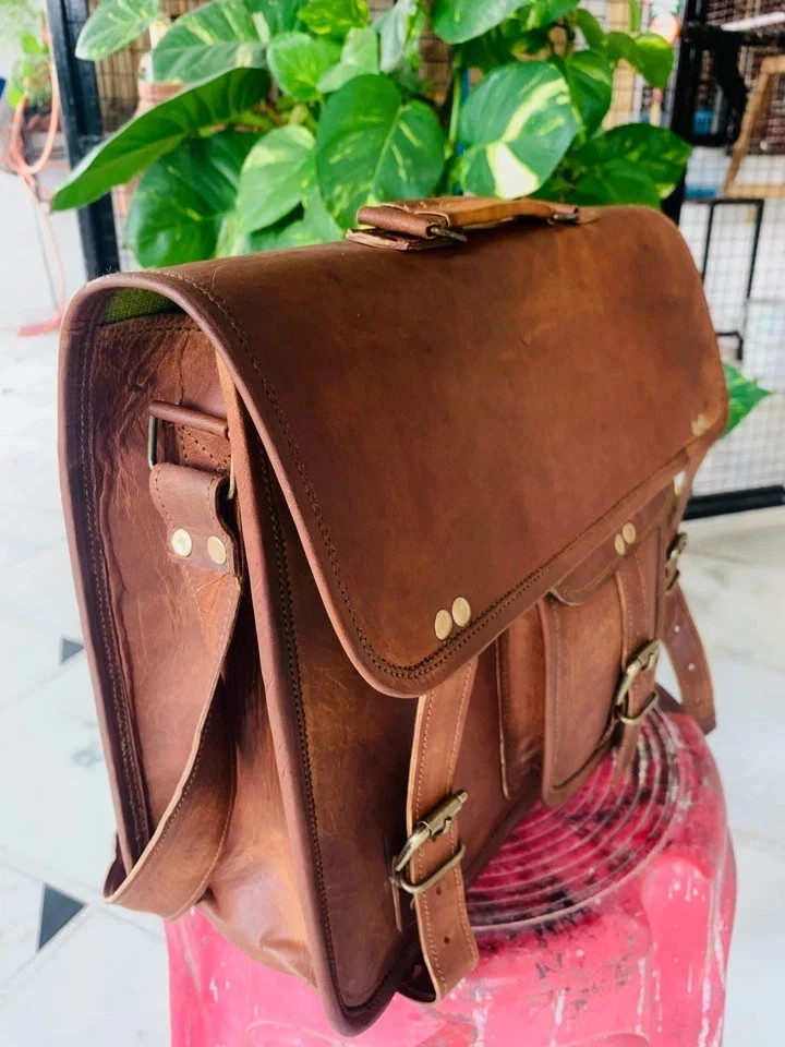 Men’s Detailed Leather Vintage Laptop Messenger Handmade Briefcase Bag Satchel