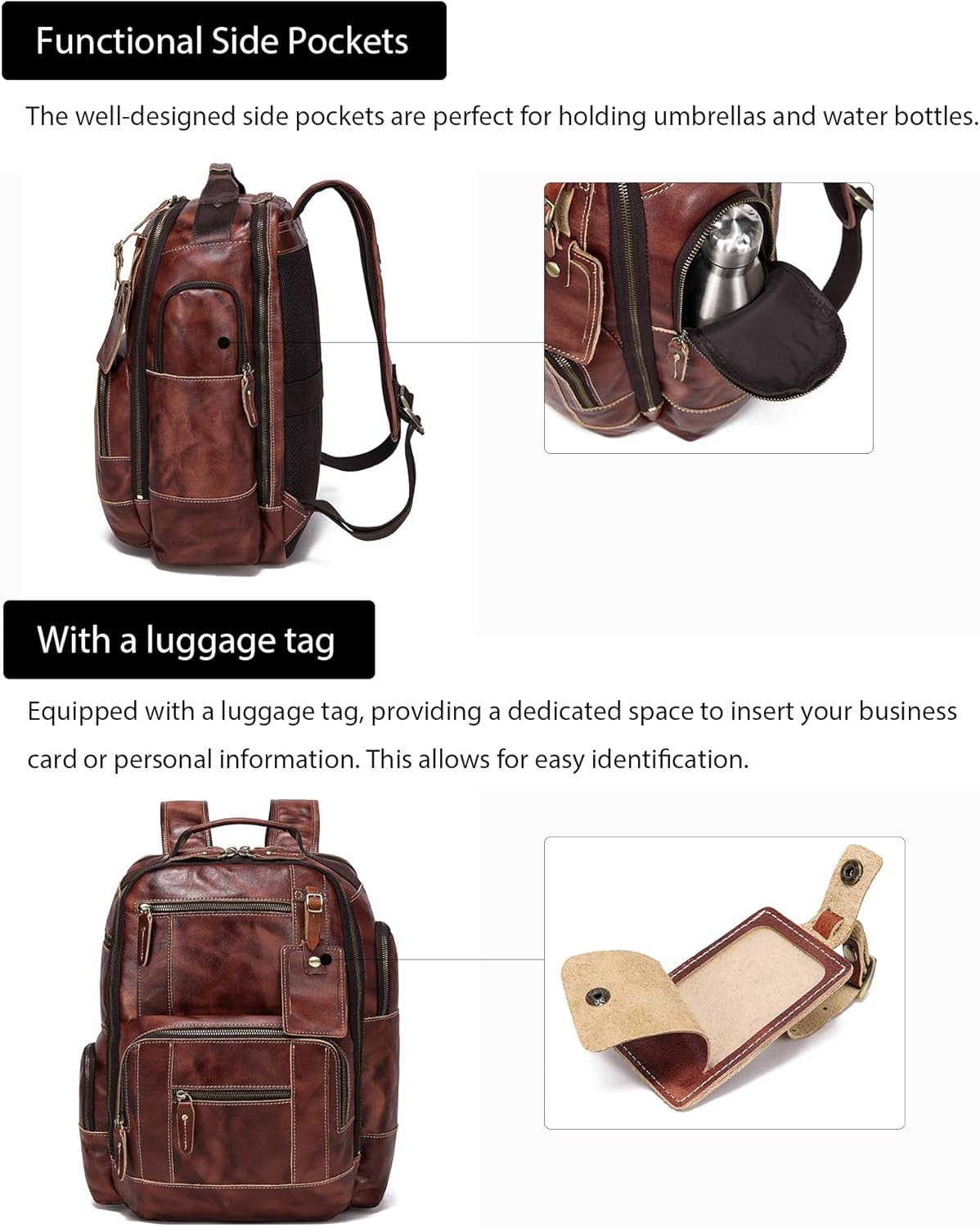 Coffee Full Grain Leather Backpack for Men – Fits 16″ Laptop