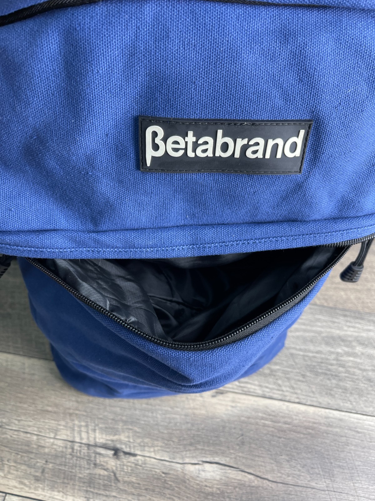 Betabrand Cornucopia Backpack Roll Top Blue Canvas Inner Pockets Sleeve Shoulder