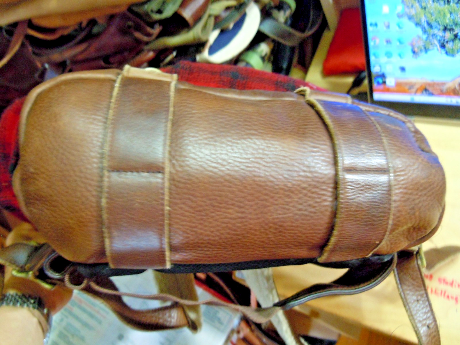 VTG LL Bean BACKPACK RUCKSACK wood Plaid Brown LEATHER Large “. #9