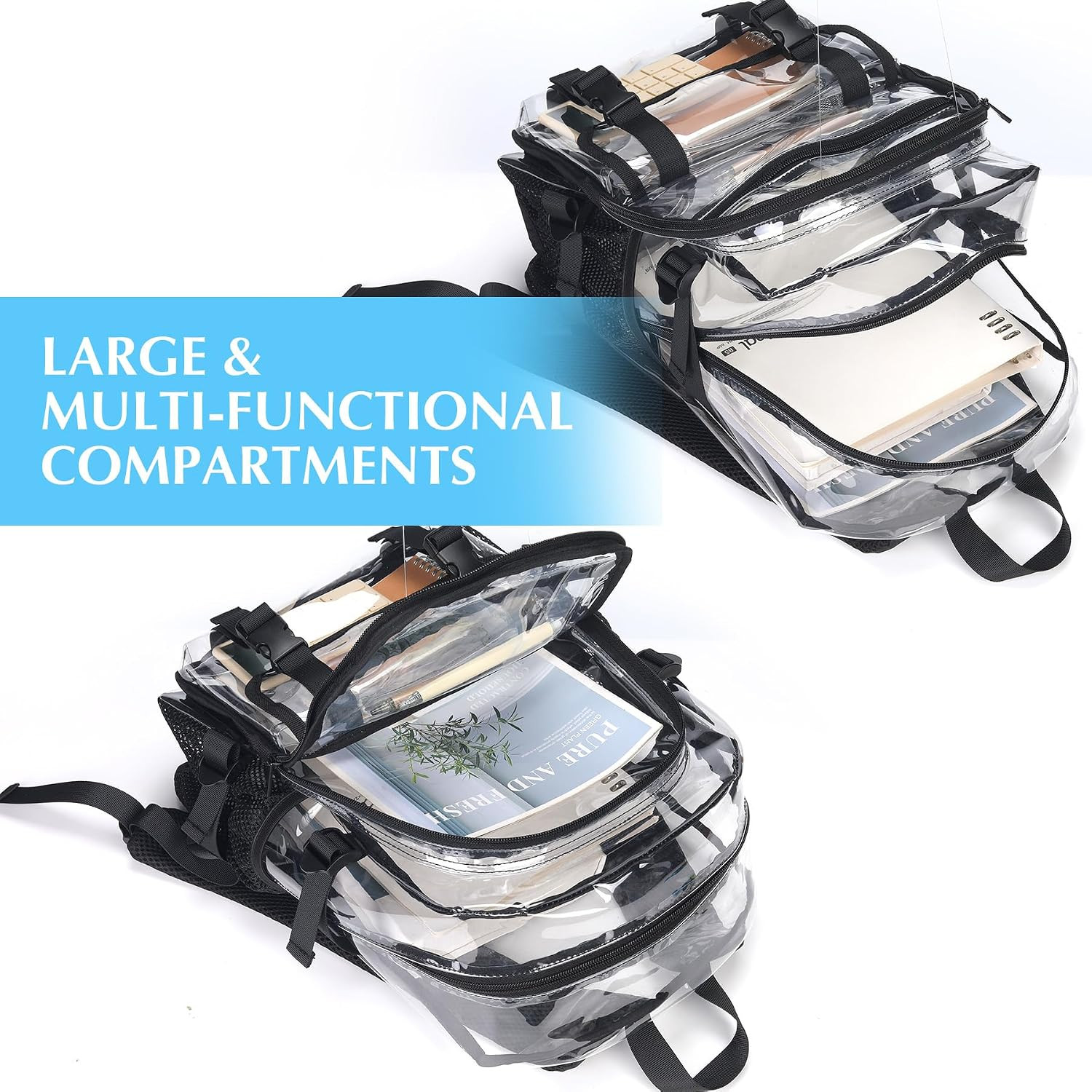 Clear Backpack for School Transparent Bookbag for Work Concerts,17 in (Black)