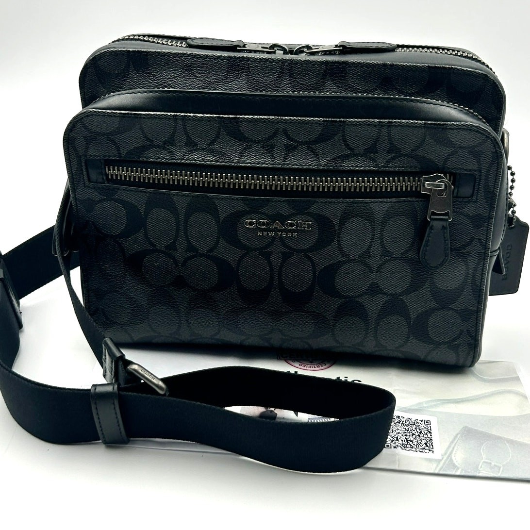 Authentic COACH 91485 West Camera Bag Signature Canvas Charcoal Black Crossbody