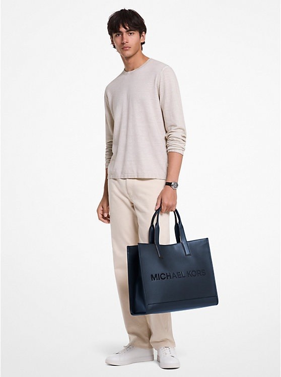 Michael Kors Cooper Men MK Logo Embossed Structured Pebble Leather Navy Tote