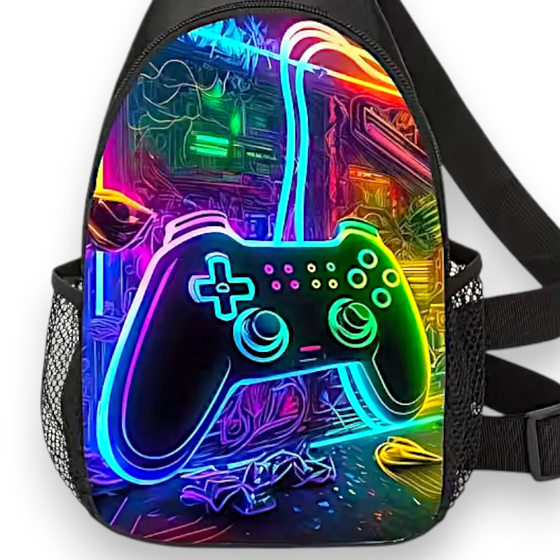 Neon Gaming Sling Bag 12.5 Inch Crossbody Backpack Multicolor Controller Design