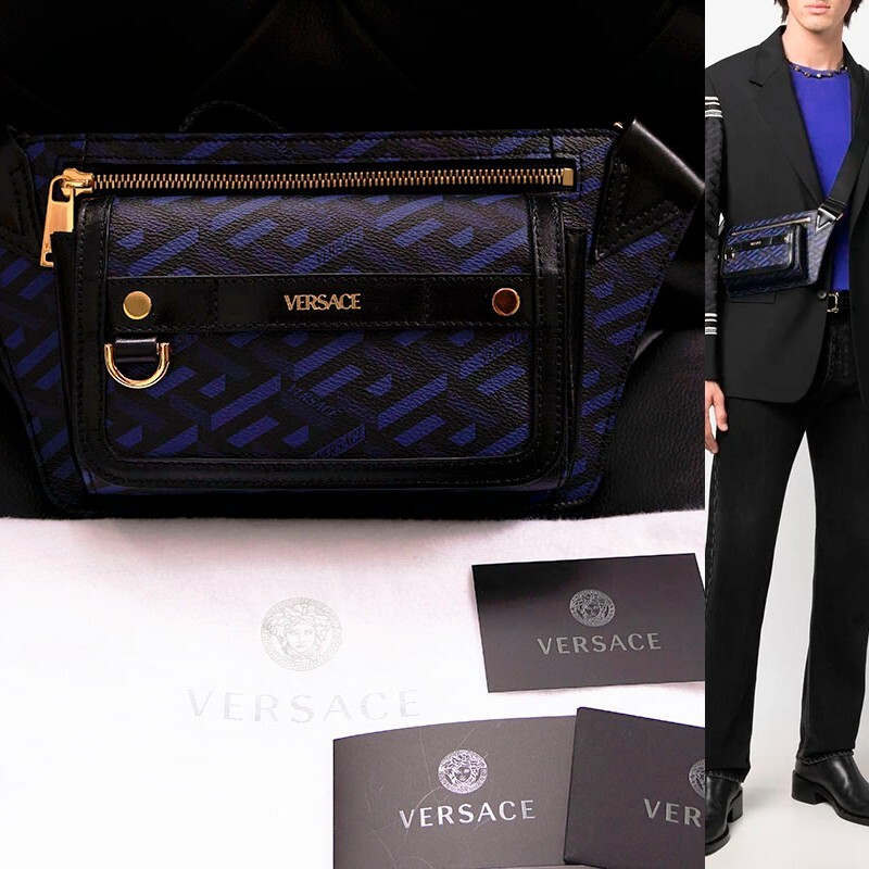 NEW $1,095 VERSACE Blue & Black LA GRECA Signature Coated Canvas BELT SLING BAG