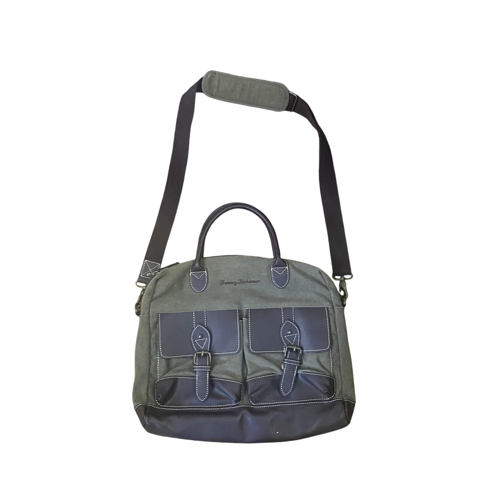 Tommy Bahama Laptop Bag Mens Medium Green Canvas Leather Shoulder Crossbody