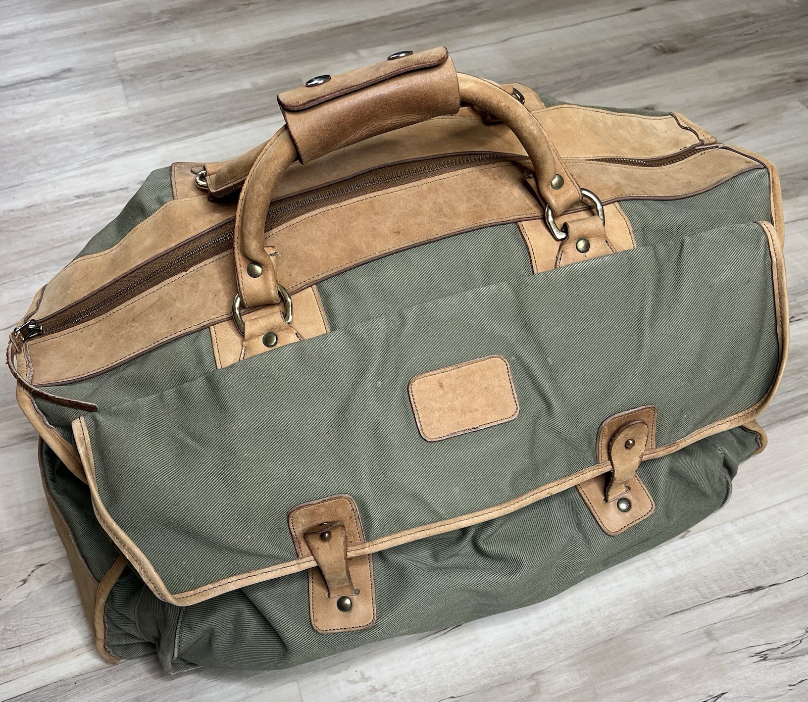 Vintage Gokey Company Green Brown Canvas & Leather Carryall Travel Duffle Bag