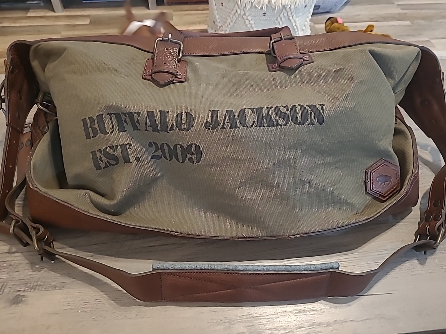 Buffalo Jackson Oversized Waxed Green Canvas & Leather Weekend Duffle Travel Bag