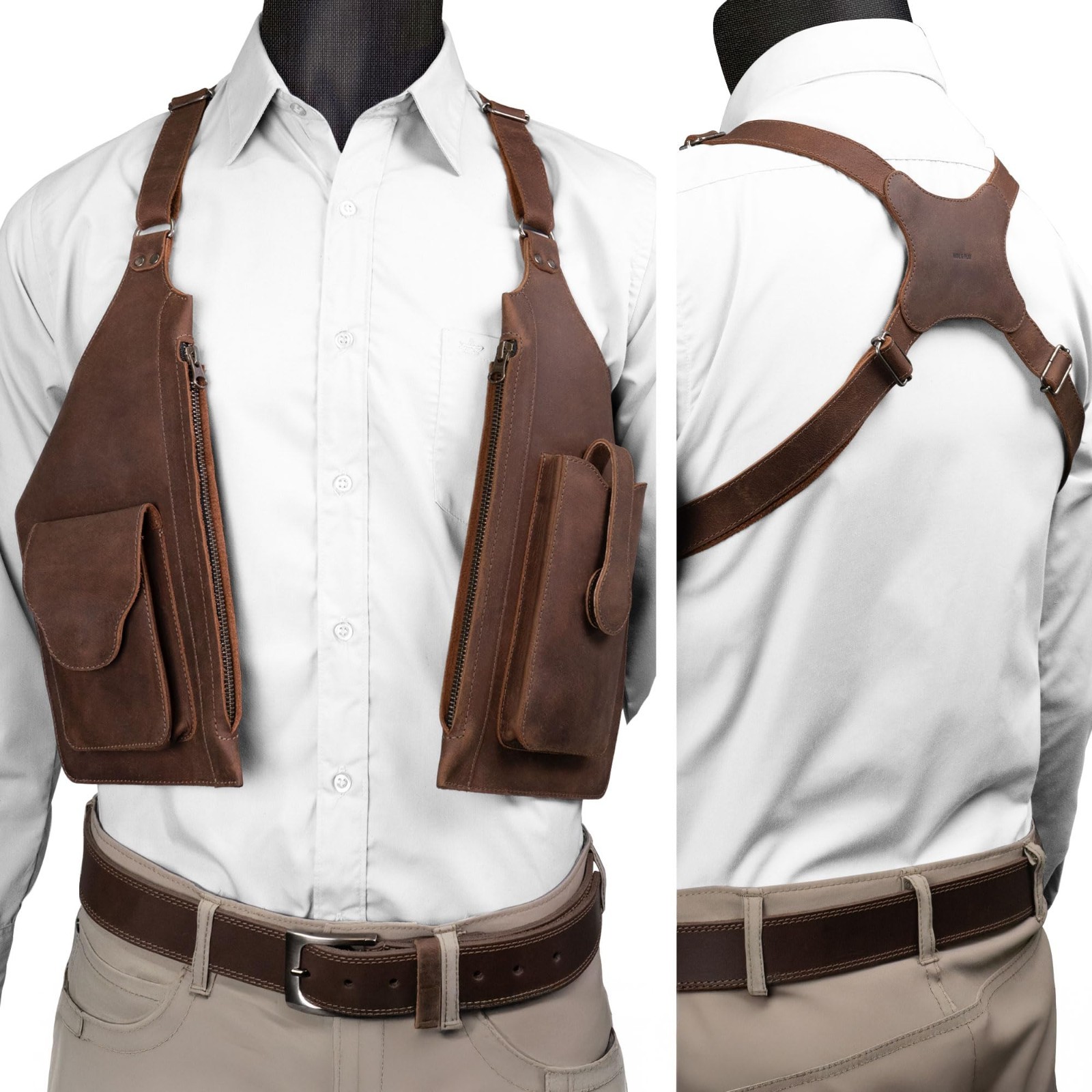 Mobile Holster Adjustable Harness with Zippered-Bags, Vintage Shoulder Holster