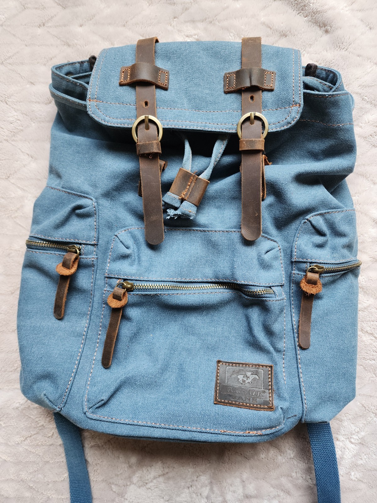 Augur Jans Denim Backpack Drawstring And Magnetic Snap Closure Vintage STYLE