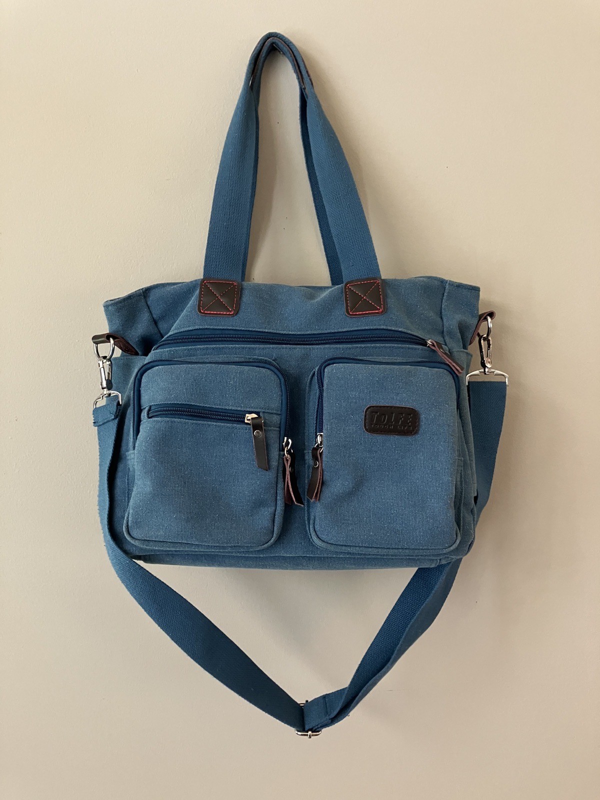 Tolfe Canvas Messenger Bag Laptop Tote Travel Denim Blue Padded Carry On EUC