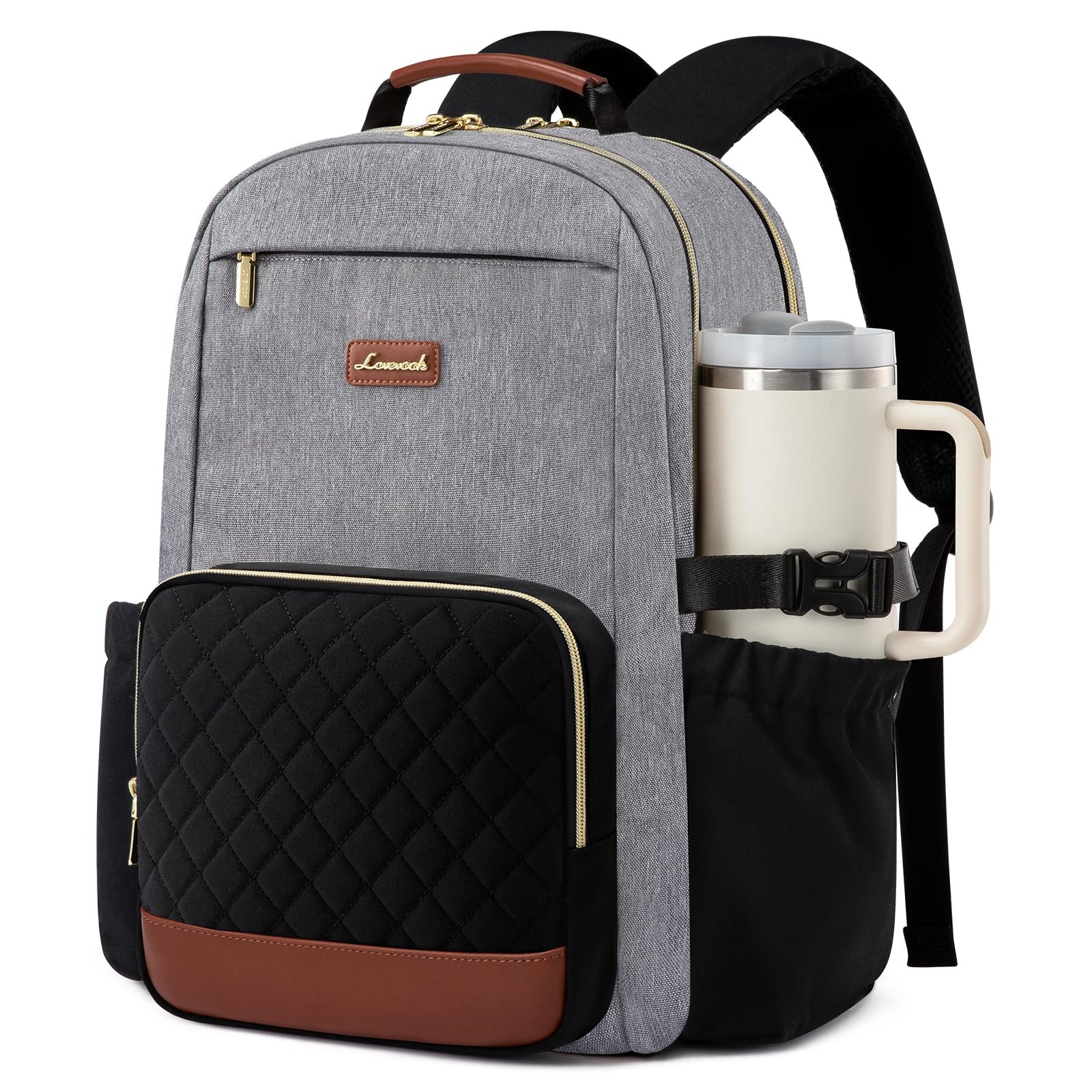 15.6″ Laptop Backpack for Women, Waterproof Travel Purse, Grey~Black~Brown