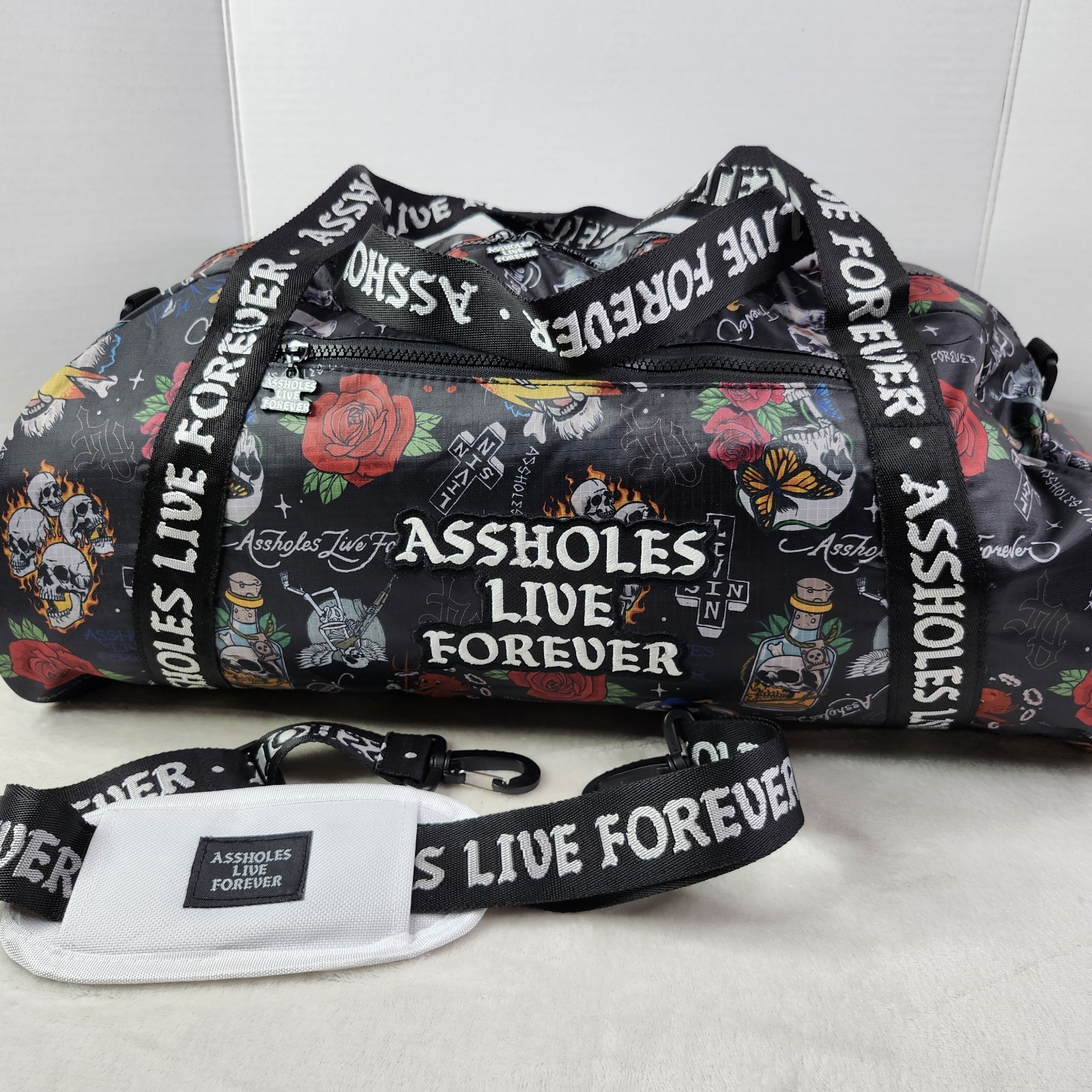 ALF A$sholes Live Forever Emotional Baggage Skull Bottle Strap Duffle Bag Roses