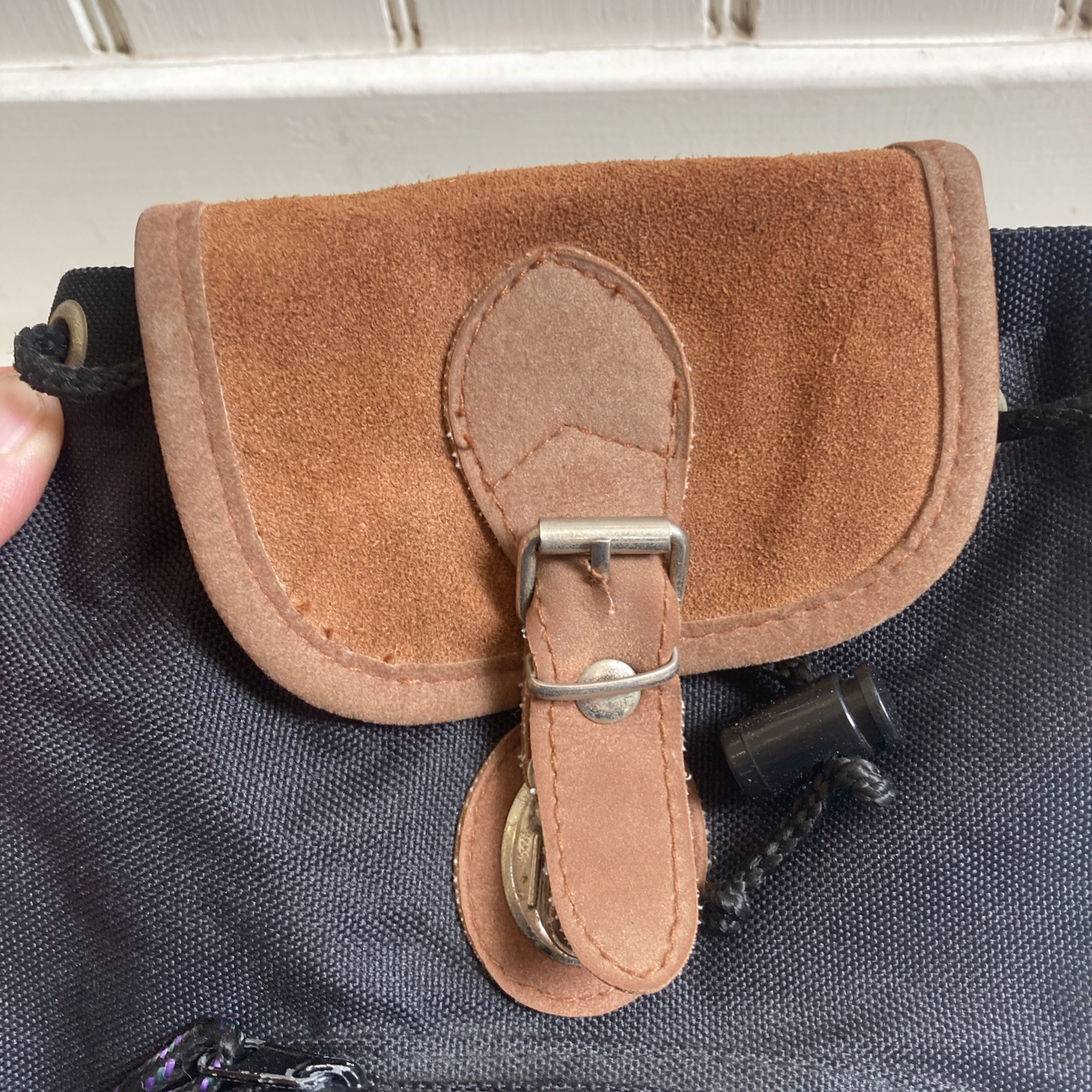 Vintage 90s Mini Suede & Canvas Backpack Black Purse Aztec Bottom Zipper Storage
