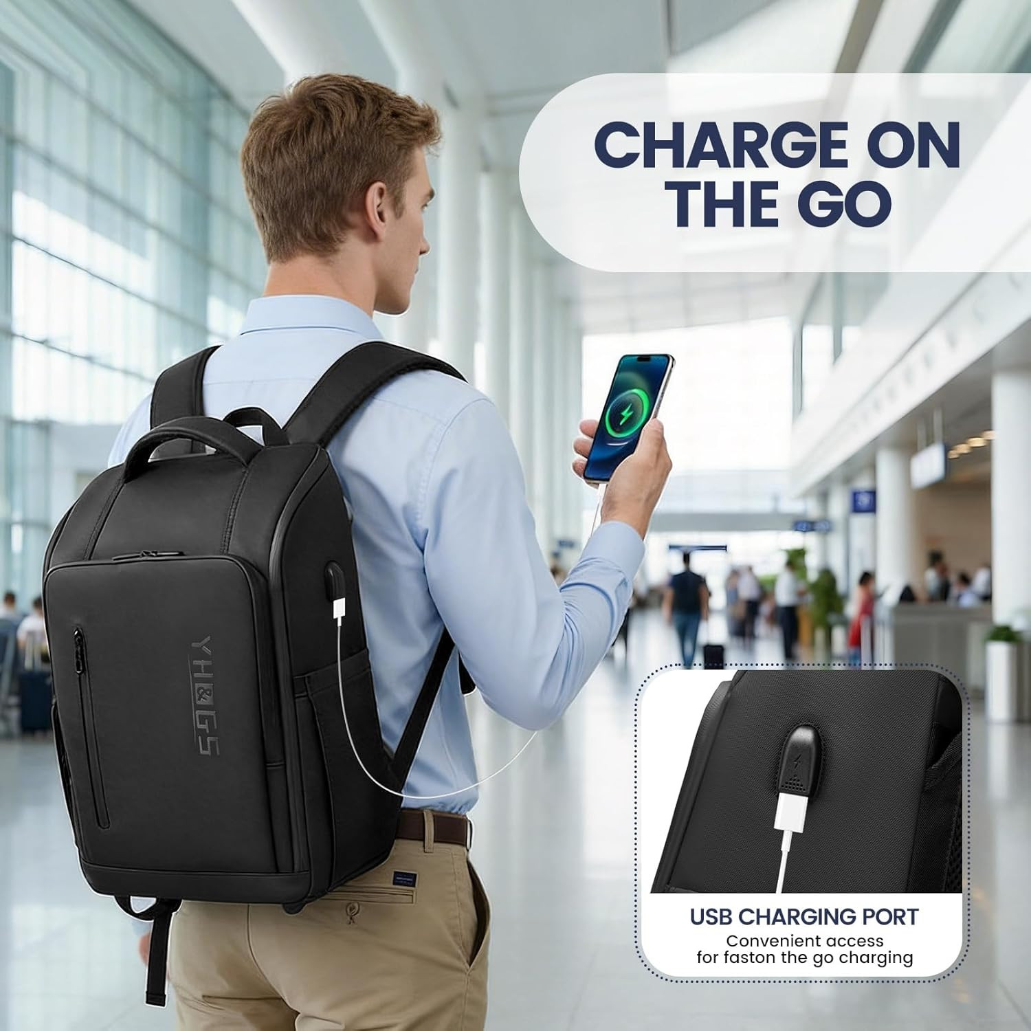 Rolling Backpack with Wheels, Waterproof Wheeled Backpack with USB Ports for Men