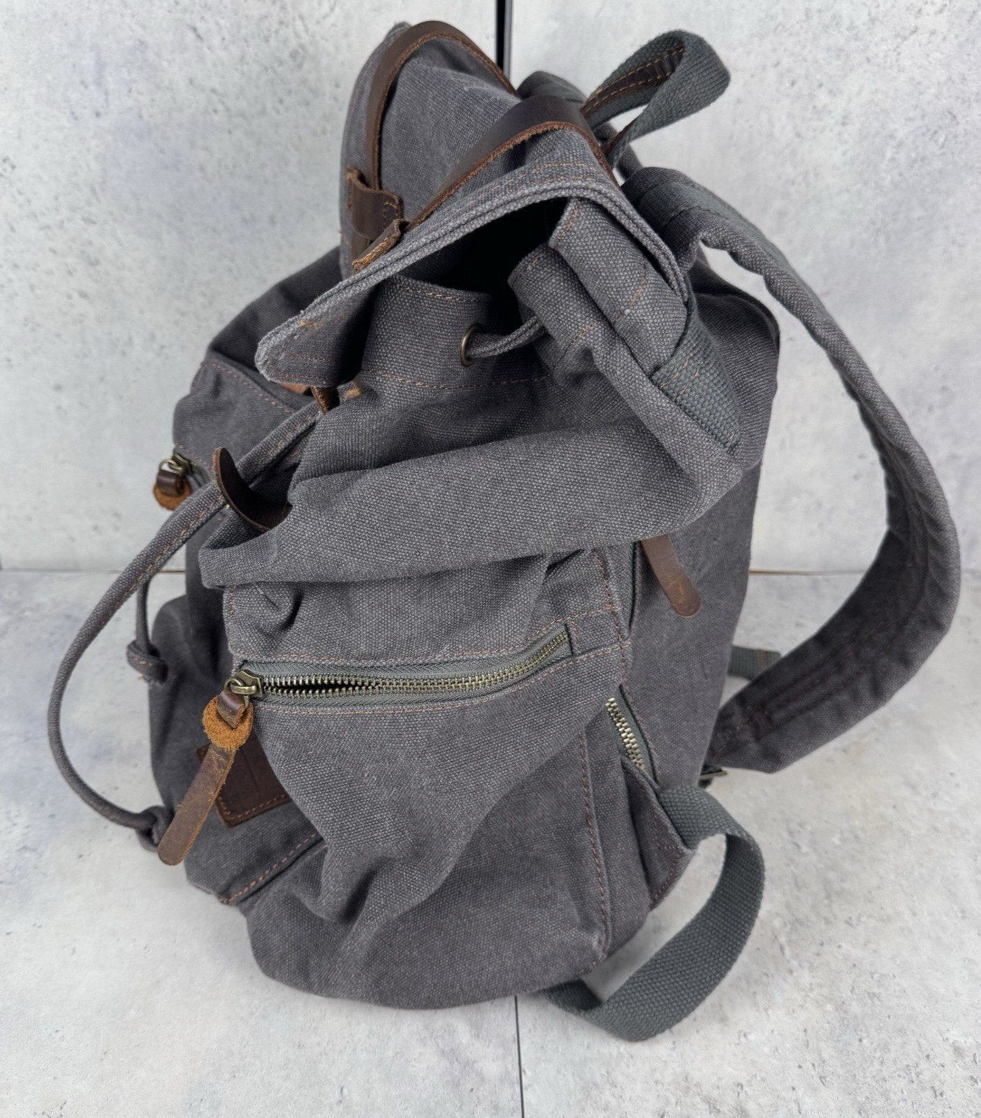 Augur Jans Canvas Backpack Gray Brown Drawstring Straps Hiking Boho READ