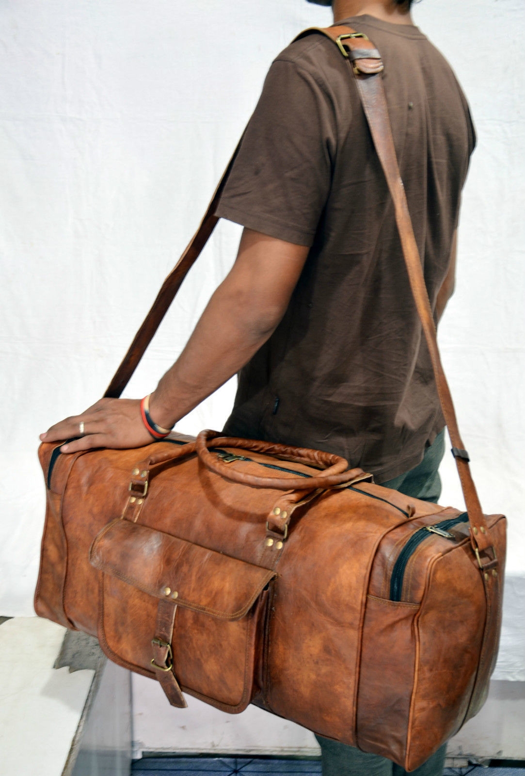 Retro 24” Indian Leather Duffle Weekend Overnight Travel Gym Bag Holdall Luggage