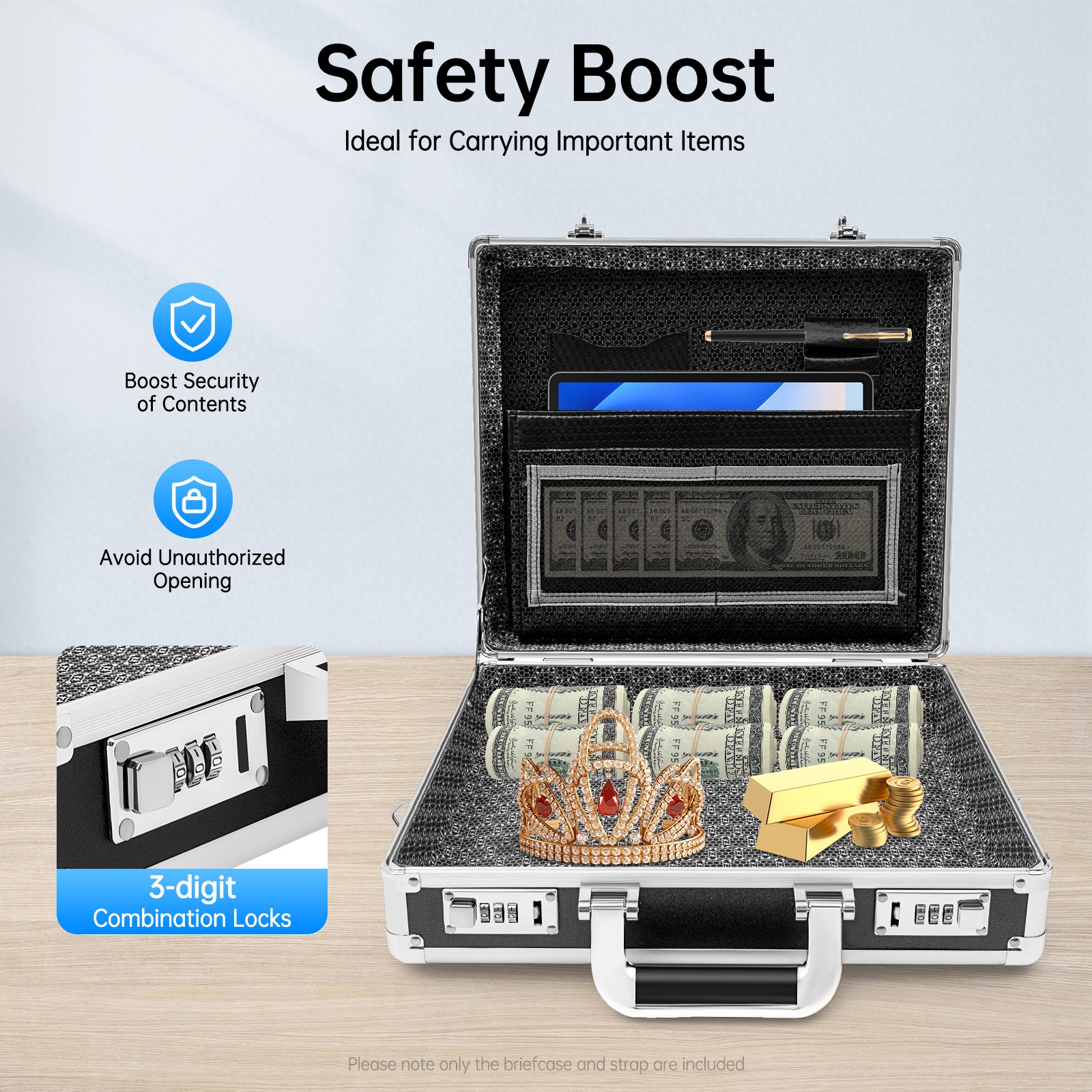 Aluminum Hard Case Big Capacity with Combination Lock Briefcase with Pocket