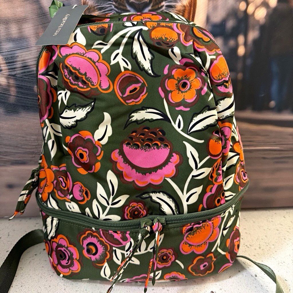 Vera Bradley Floral Backpack Green Orange Pink White Medium Zip Adjustable Strap