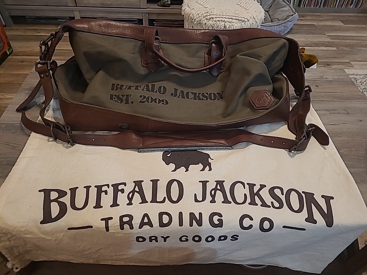 Buffalo Jackson Oversized Waxed Green Canvas & Leather Weekend Duffle Travel Bag