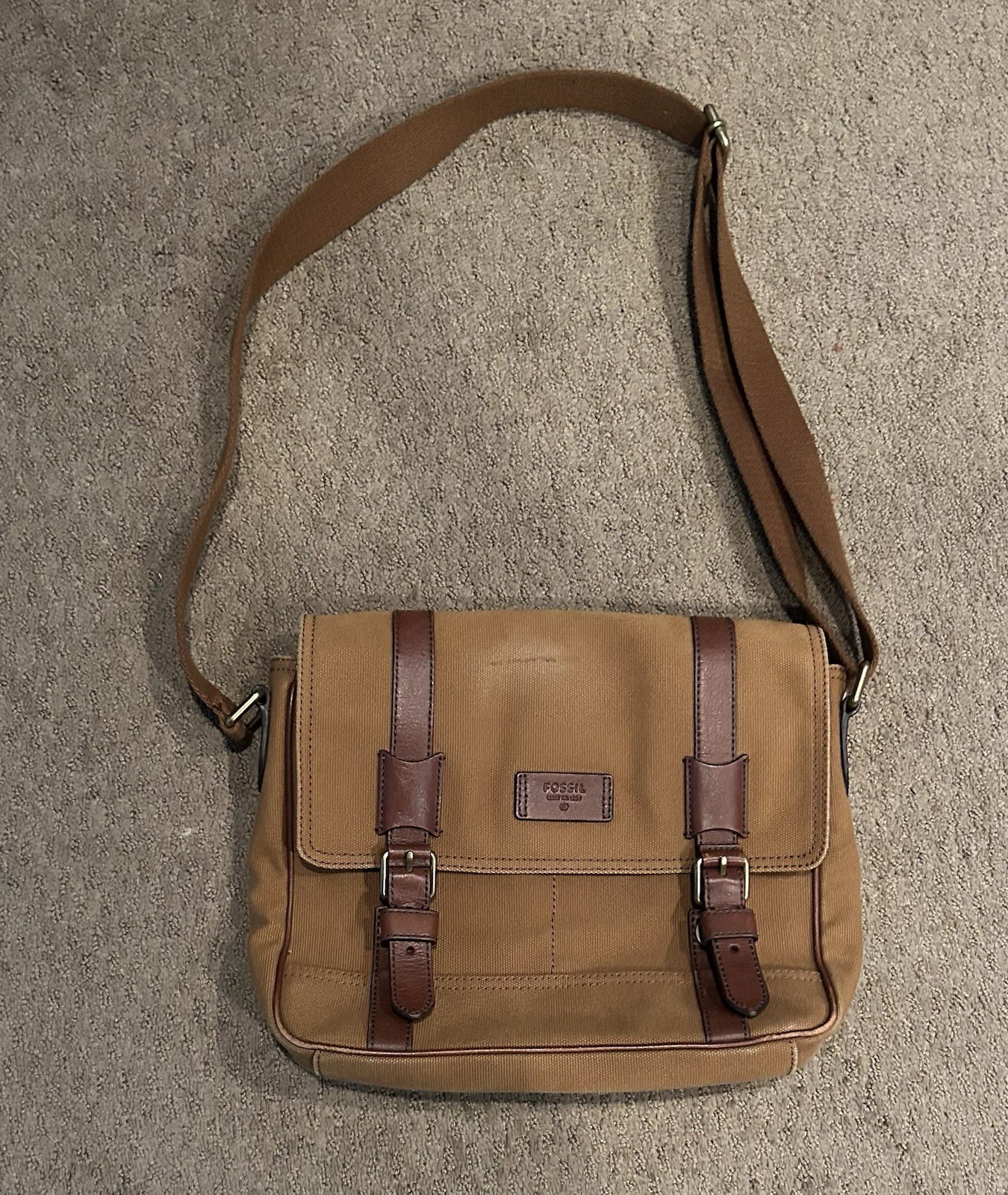 Fossil Canvas & Leather Messenger Bag In Two Tone Brown Padded Pocket Cow Hide